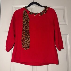 Vintage St. John collection red knit top w leapord scarf detail petite